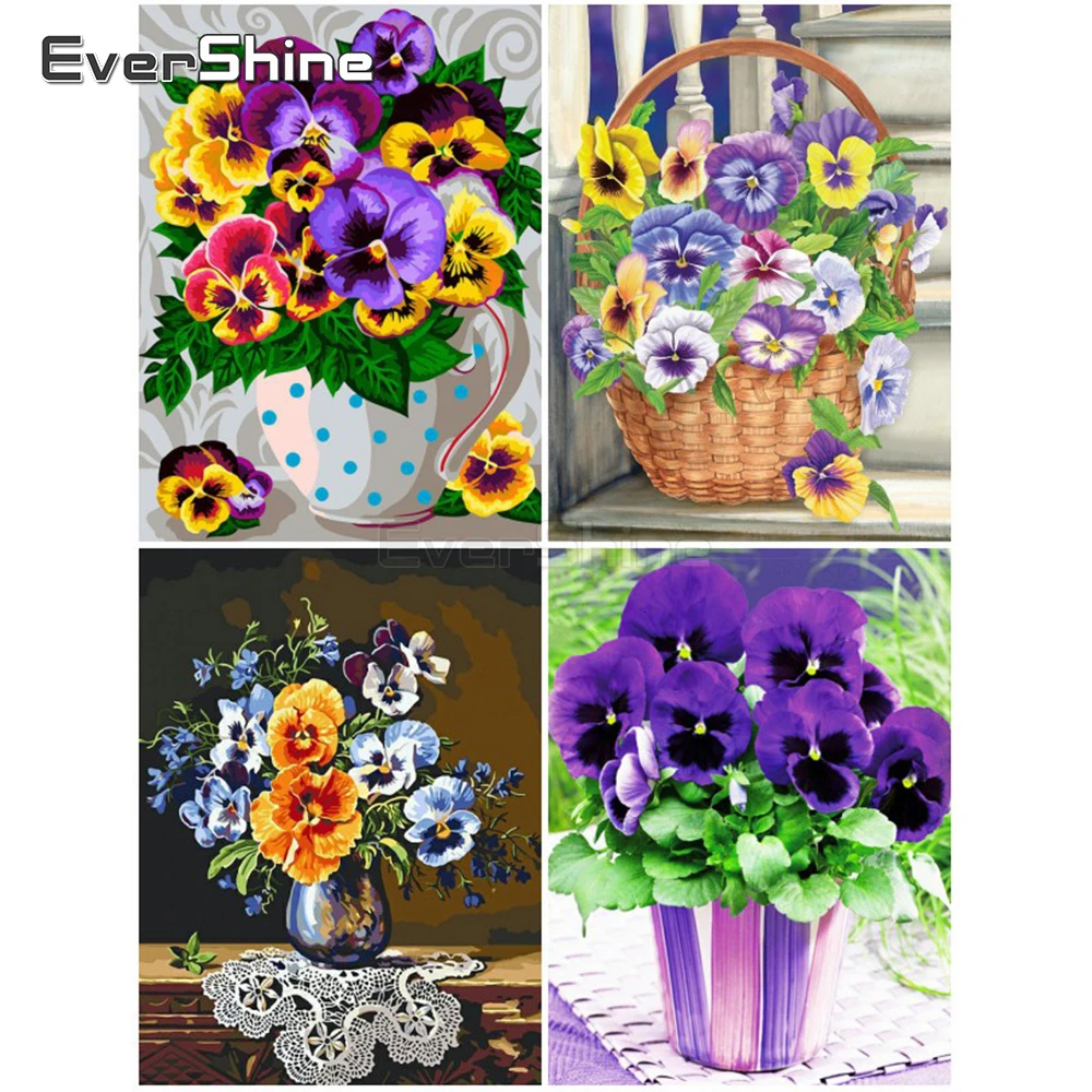 EverShine Diamond Painting Flowers Full square Cross stitch Diamond Embroidery Corner pansy Picture of rhinestones Wall decor