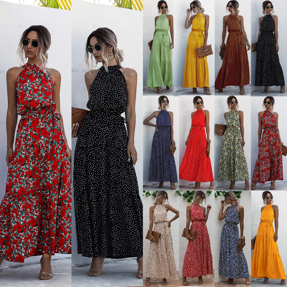 

2021 Spring And Summer 18-Color Polka Dot Print Halter Neck Tie Dress Long Skirt Halter Neck Long Skirt Tie Print Casual Fashion