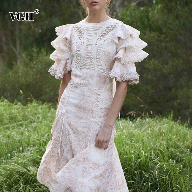 

VGH Print Elegant Dress For Women O Neck Ruffles Sleeve Lace Patchwork High Waist Bandages Hollow Out Dresses Female 2019 New