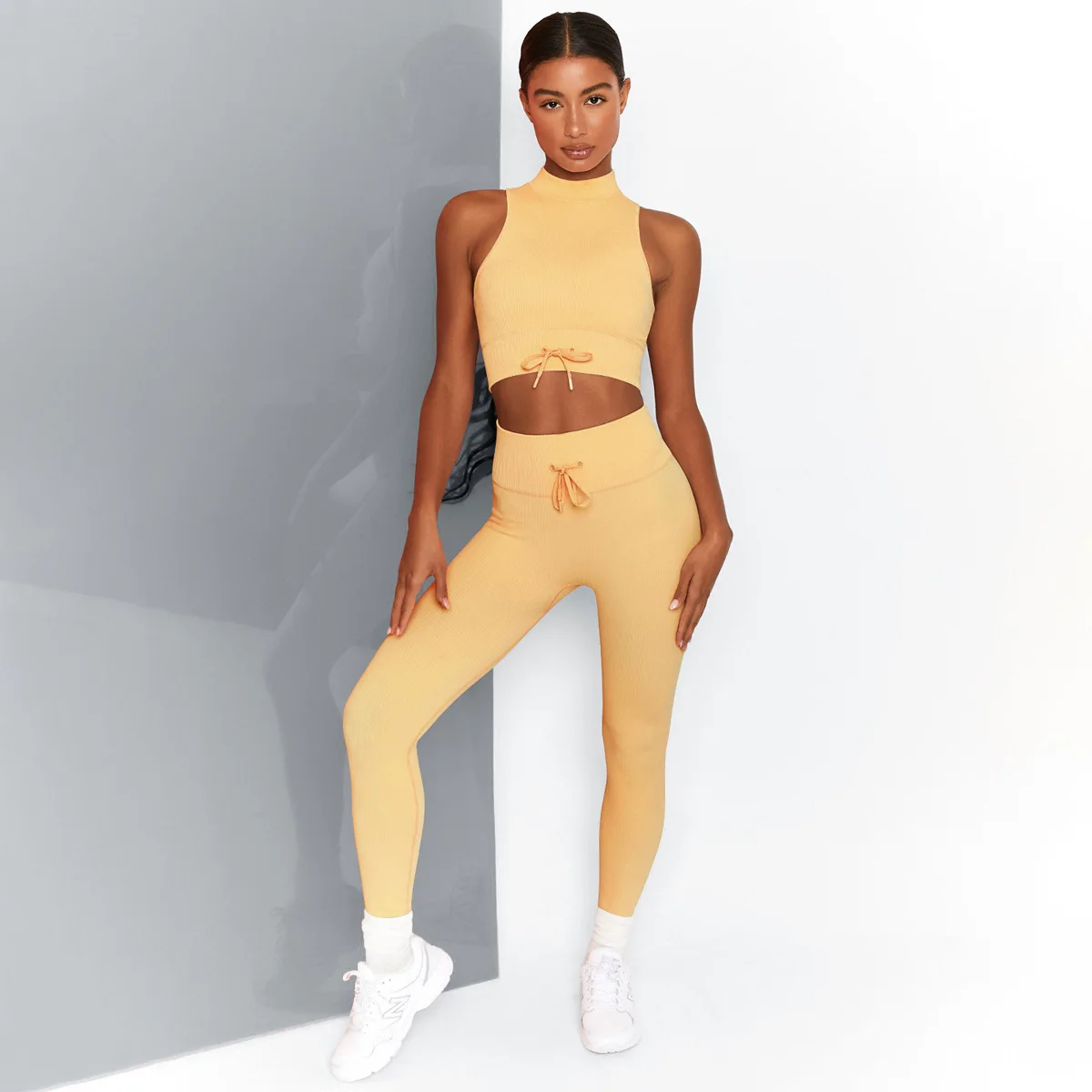 

Women's Turtleneck Drawstring Yoga Suit Shockproof Sleeveless Ribbed Fitness Tank Top Pullover Vest and Legging 2 Pieces Set