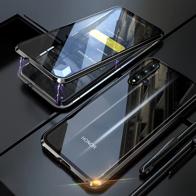 Роскошный чехол с магнитным стеклом и полным покрытием 360 градусов для Huawei Honor 20 Pro