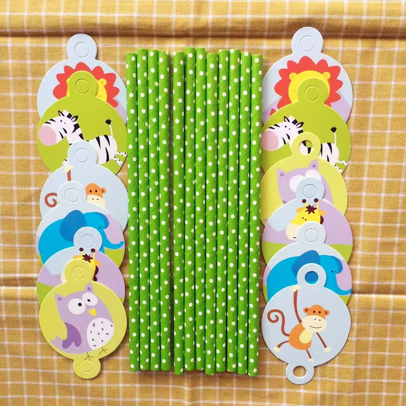 12pcs straws 12 детей красочные милые Джунгли животных тематический набор посуды День Рождения украшения для детей мальчиков девочек день рождения подарок - Цвет: 12pcs straws