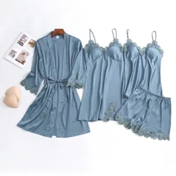 2021 New Spring and Summer, Four Piece Nightgown, Sexy Ice Silk Pajamas with Breast Pad, Silk Home Suit Robe Sets