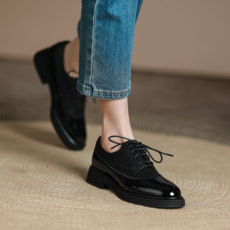 Women Genuine Leather Oxfords Shoes Moccasins Leisure Lace-up Brogues Wingtips Shoes for Ladies Autumn Flat Sneakers Brand