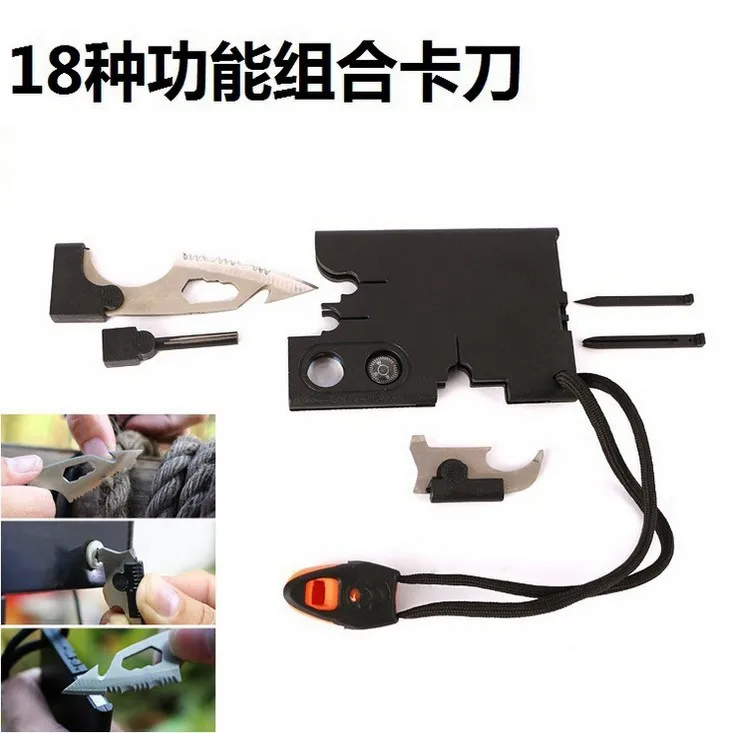 

18 Kinds of Feature Combination Card Outdoor EDC Tool Card with Waterproof Firestone Rescuing Whistle with Magnifying Glass