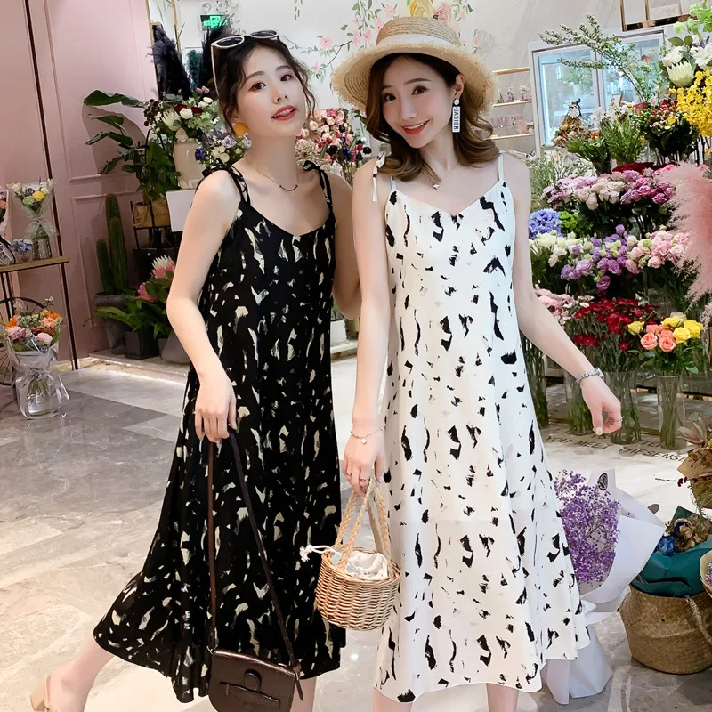 

2019 Spring New Style Mid-length Printed Spinning Black And White with Pattern Strapped Dress Women's CHIC French Seaside Holida