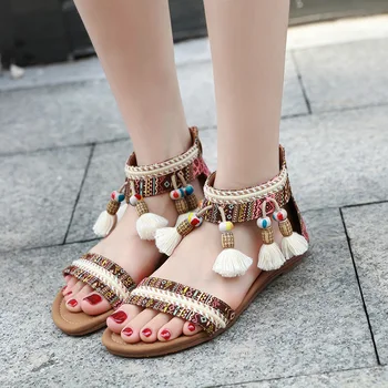 

2020 Women Shoes Ethnic Flats Sandals Women's Bohemia Tassel Sandals Rhinestone Resort Beach Shoes Ladies Daily Gladiator Sandal