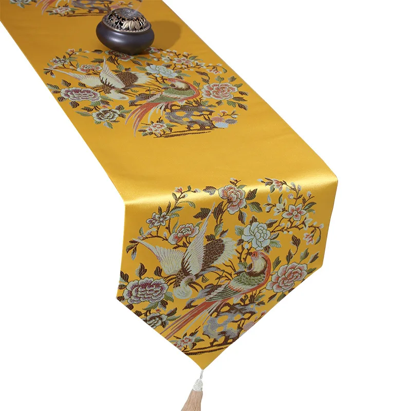 Классический китайский стиль Птицы и цветы настольная дорожка Красная Вышивка настольный флаг украшение для свадебной вечеринки с кисточками - Цвет: Yellow