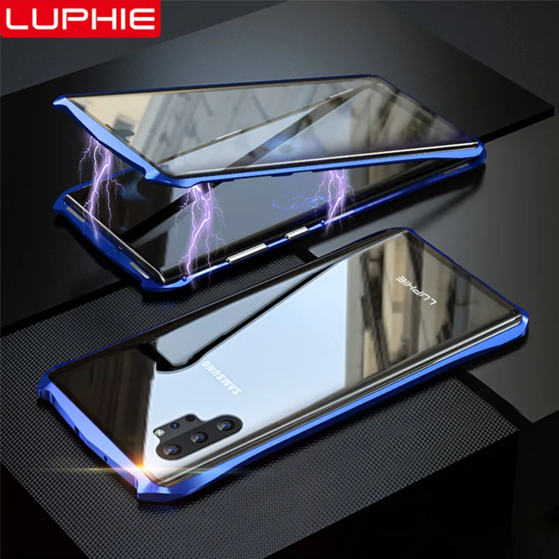 

LUPHIE Magnetic Adsorption Case For Samsung Galaxy Note 10 Plus Metal Bumper Clear Double-sided Glass Cover For Samsung Note 10+