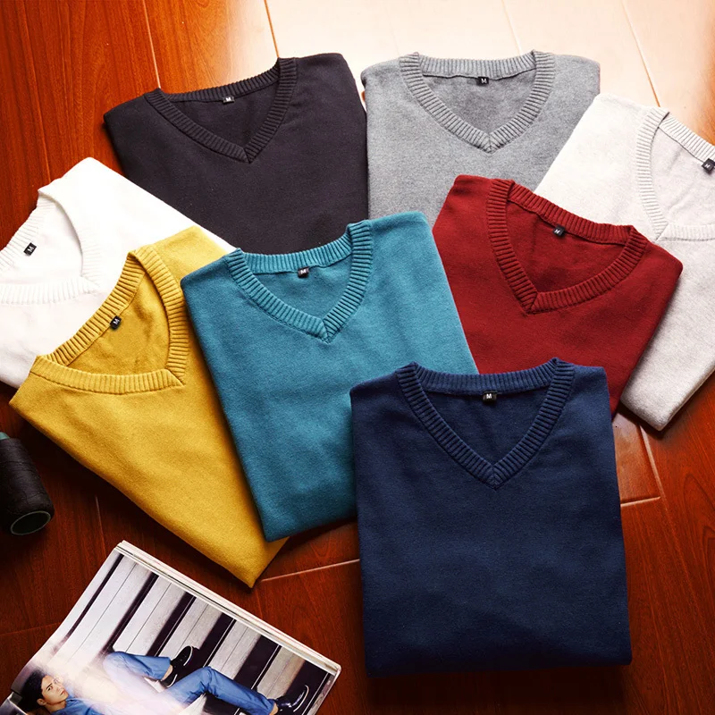 2019 Men's High Quality Cotton pullover Sweater Long Sleeve Pullovers Outwear Man V-neck Sweaters Tops Loose Solid Fit Knitting