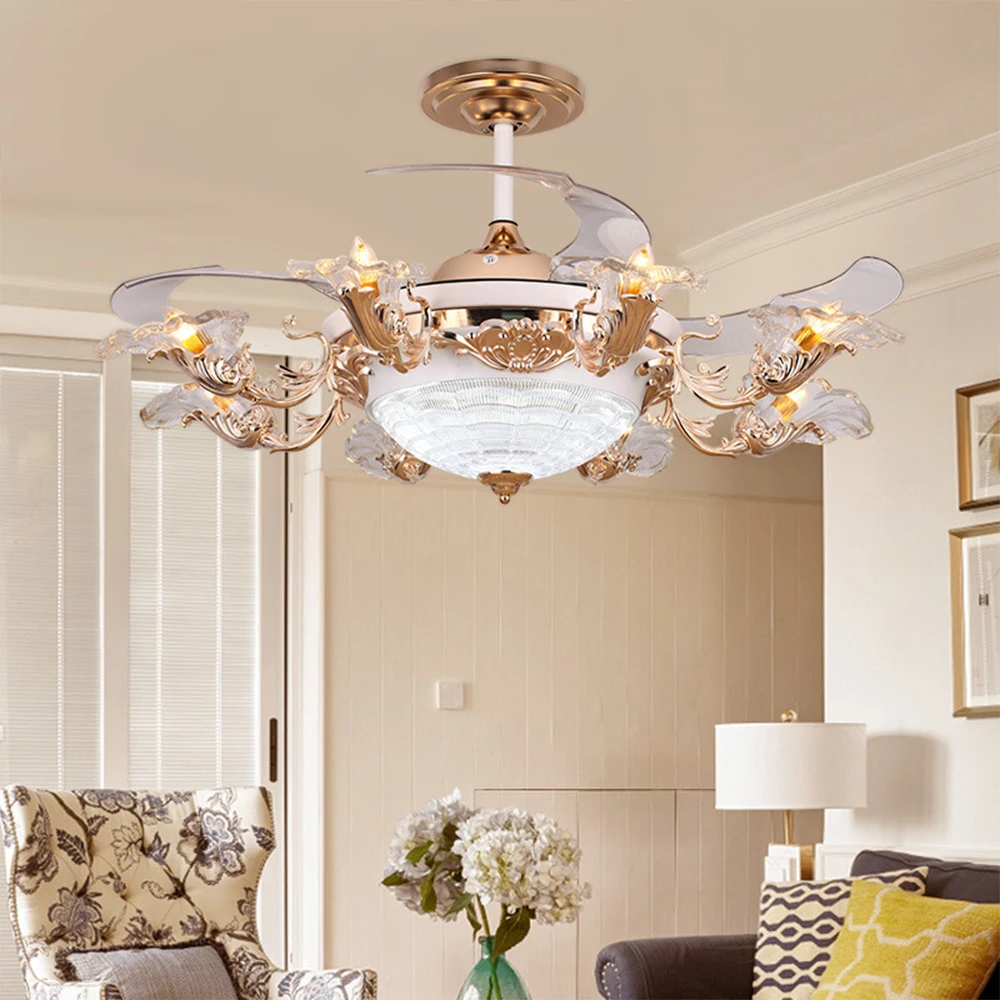 

luxury LED Invisible Retractable Ceiling Fans With Light Living Room Folding Ceiling Fan Lamp Remote Control High quality