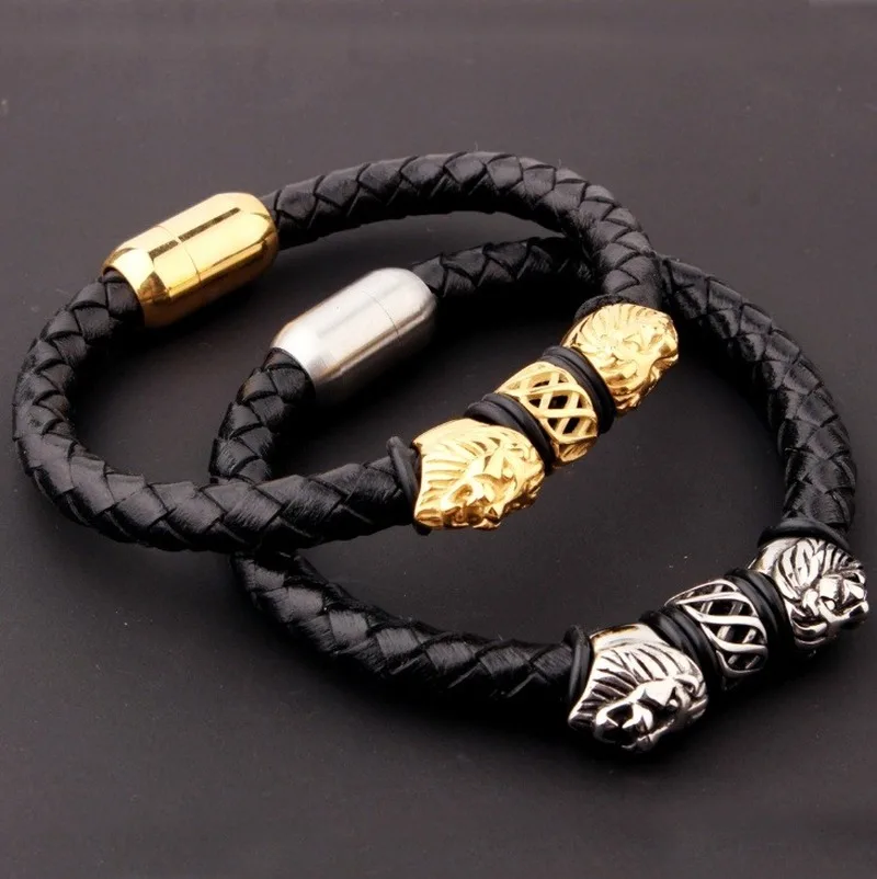 Leather Bracelets Leather Bracelet Magnetic Bracelet Classic Punk Metal Lion Magnetic Buckle Leather Bracelet Men's Charm Rock Party Jewelry