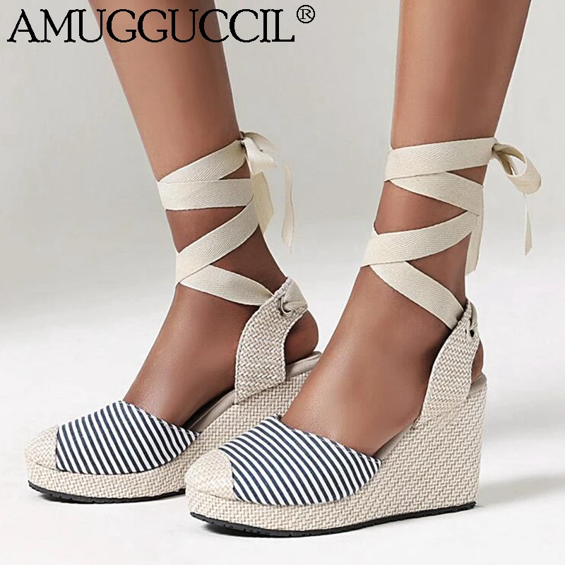 

2020 New Plus Big Size 34-43 Blue Red Lace Up Fashion High Heel Platform Party Females Ladies Wedges Women Summer Sandals L1206