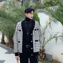 Зимний кардиган мужской модный ретро повседневный клетчатый вязаный свитер мужской уличная дикий Свободный теплый свитер куртка мужская одежда