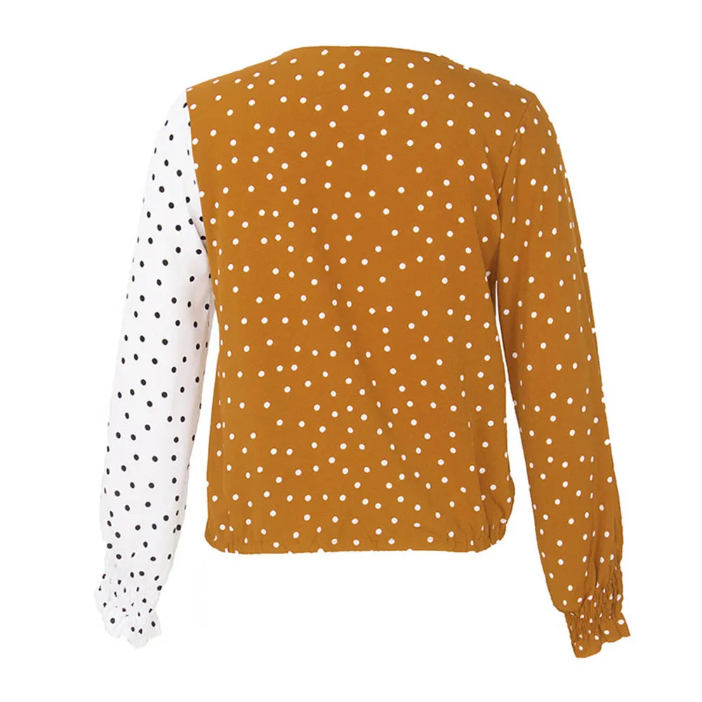Antime в горошек Лоскутная женская шифоновая рубашка повседневная с длинным рукавом V шеи печати осень зима леди пуловеры Топы