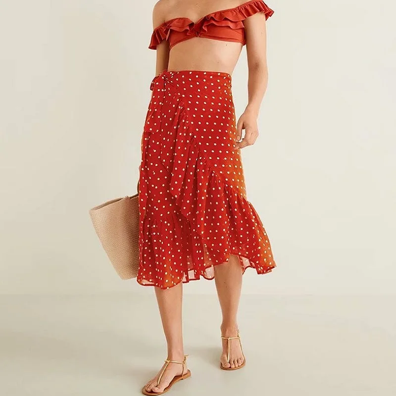 

Red Polka Dot Women Beach Skirt Mid Ruffle Irregular A-line Lacing High Waist Pleated Sweet Girls Skirts