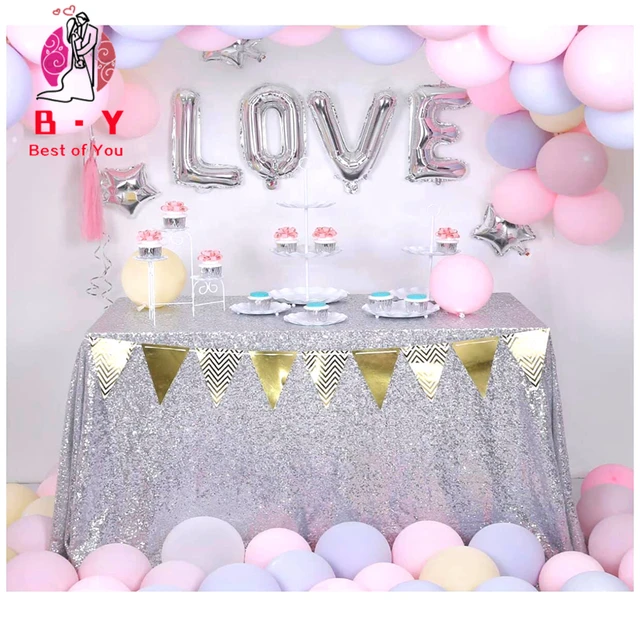 Pink Gold Tablecloth 90x132in Glitter Round Rectangular Embroidered Sequin Table Cover for Wedding Party Christmas Decor Silver