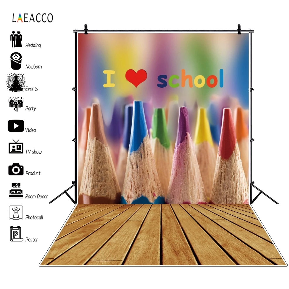 

Laeacco Colored Pencil I Love School Study Learning Party Backdrop Wooden Floor Photography Background Photo Studio Photophone