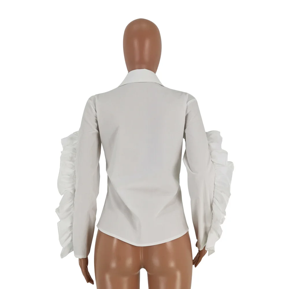 European design women black white shirt ruffles ruched sexy long sleeve autumn winter clothes tee tops LHY5112