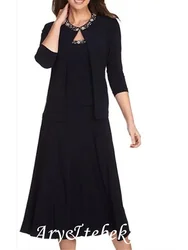 Two Piece Mother of the Bride Dress Elegant Jewel Neck Tea Length Chiffon Beaded Lace 3/4 Length Sleeve with Draping 2021