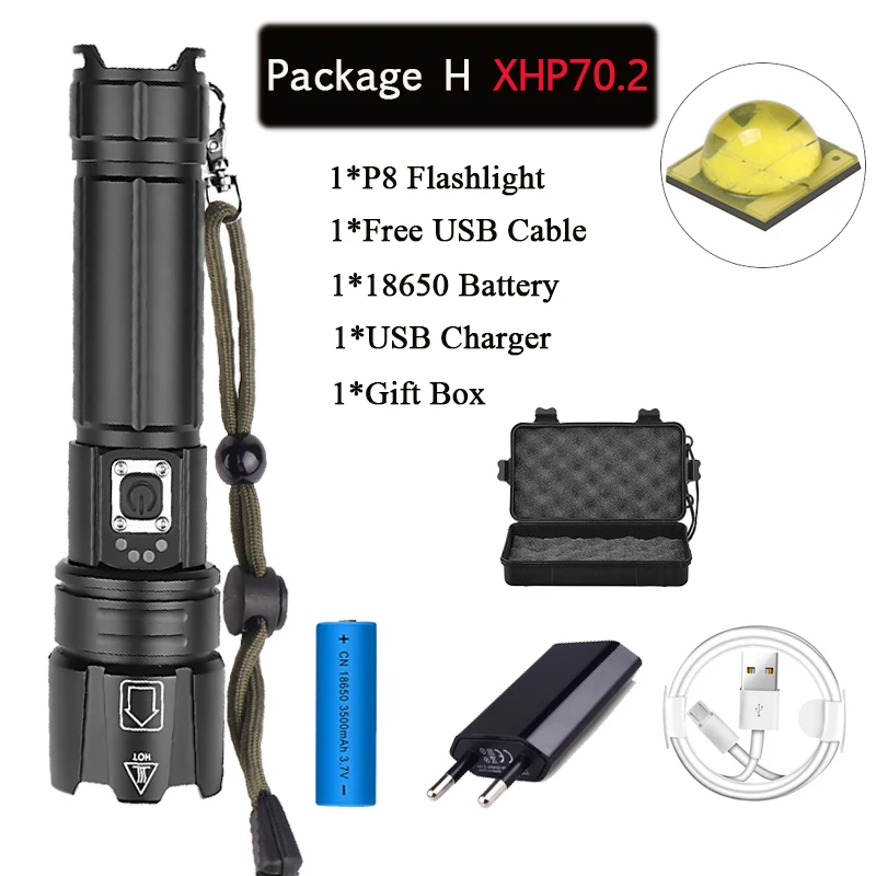 Package H 7000 лм супер яркий XHP70.2 перезаряжаемый светодиодный светильник-вспышка, мощный фонарь, водонепроницаемый фонарь с зумом, охотничий светильник, аккумулятор 18650 или 26650 - Испускаемый цвет: Package H