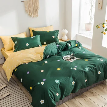 

Quilt Cover Pillowcase Bed Sheet Three-Piece Set Single Double Girls Green Quilt Cotton Denim
