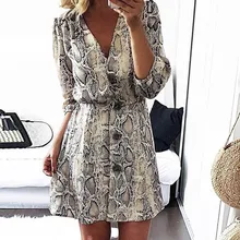 Женские летние платья с принтом змеиной кожи, сексуальные платья с v-образным вырезом и пуговицами, вечерние платья со змеиным принтом, винтажный рукав три четверти, мини-платье