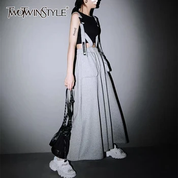 

TWOTWINSTYLE elegant Summer Skirts Women Sleeveless Spaghetti Strap High Waist Midi Patchwork Letters Skirt For Female Fashion