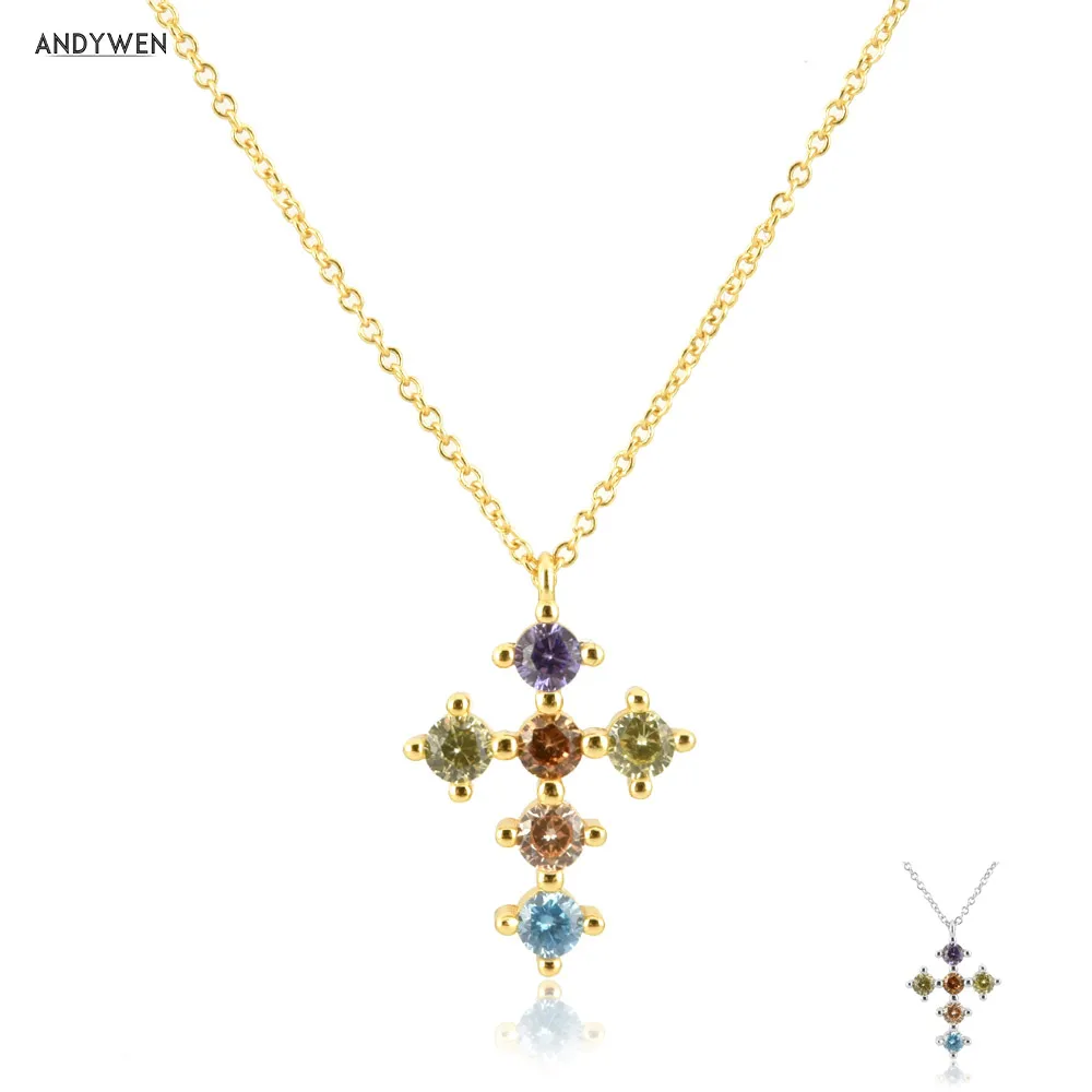 ANDYWEN 925 Sterling Silver Rainbow Colorful Six Zircon Cross Pendent Necklace Long Chain Women Luxury Jewelry Crystal Fine | Украшения и