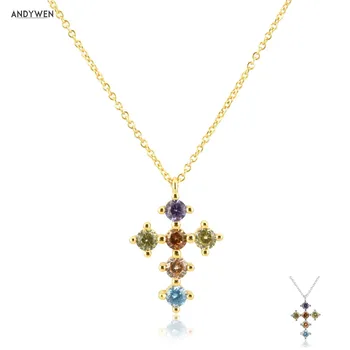 

ANDYWEN 925 Sterling Silver Rainbow Colorful Six Zircon Cross Pendent Necklace Long Chain Women Luxury Jewelry Crystal Fine
