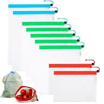 

ASDS-Reusable Mesh Produce Bags 9 pcs High-strength & Light-weight Mesh for Products Recognisable Tare Weight Tag Multi-used for