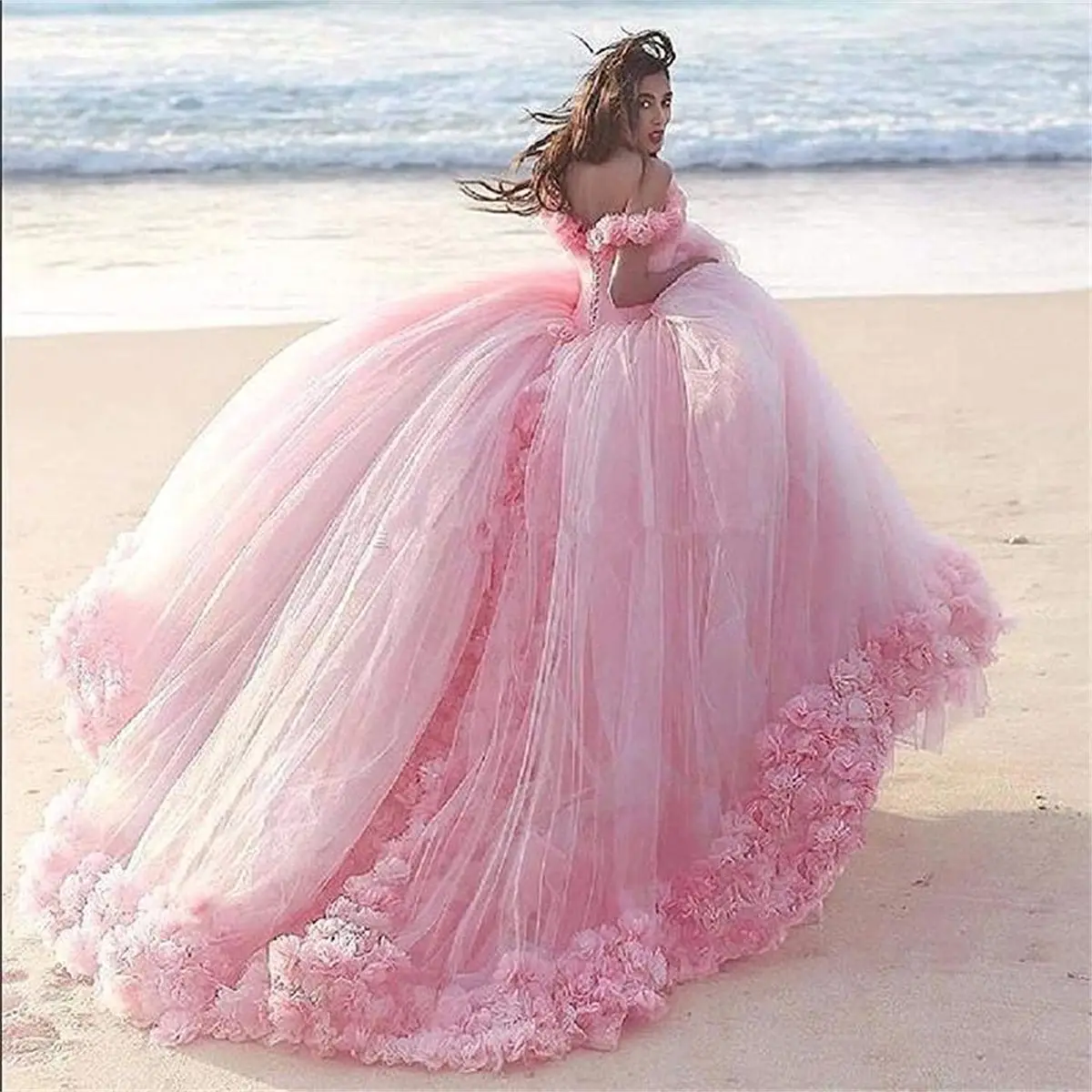 Quinceanera Dress Pink Ball Gown 3D Flowers Princess Corset Tulle Sparkles Sweet 16 Dresses Vestido De Debutante