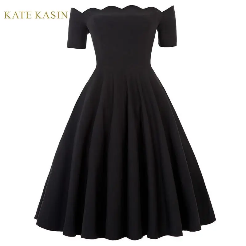 

Kate Kasin Vintage Dress Women Off Shoulder Flared A-Line Dress Solid Color Midi Evening Party Dresses Retro Pleated Swing Dress