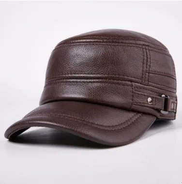 SILOQIN шляпа из натуральной кожи на осень и зиму для мужчин первый слой воловьей кожи армейские кепки кости регулируемые размеры наушники сохраняющие тепло плоские кепки - Цвет: Coffee