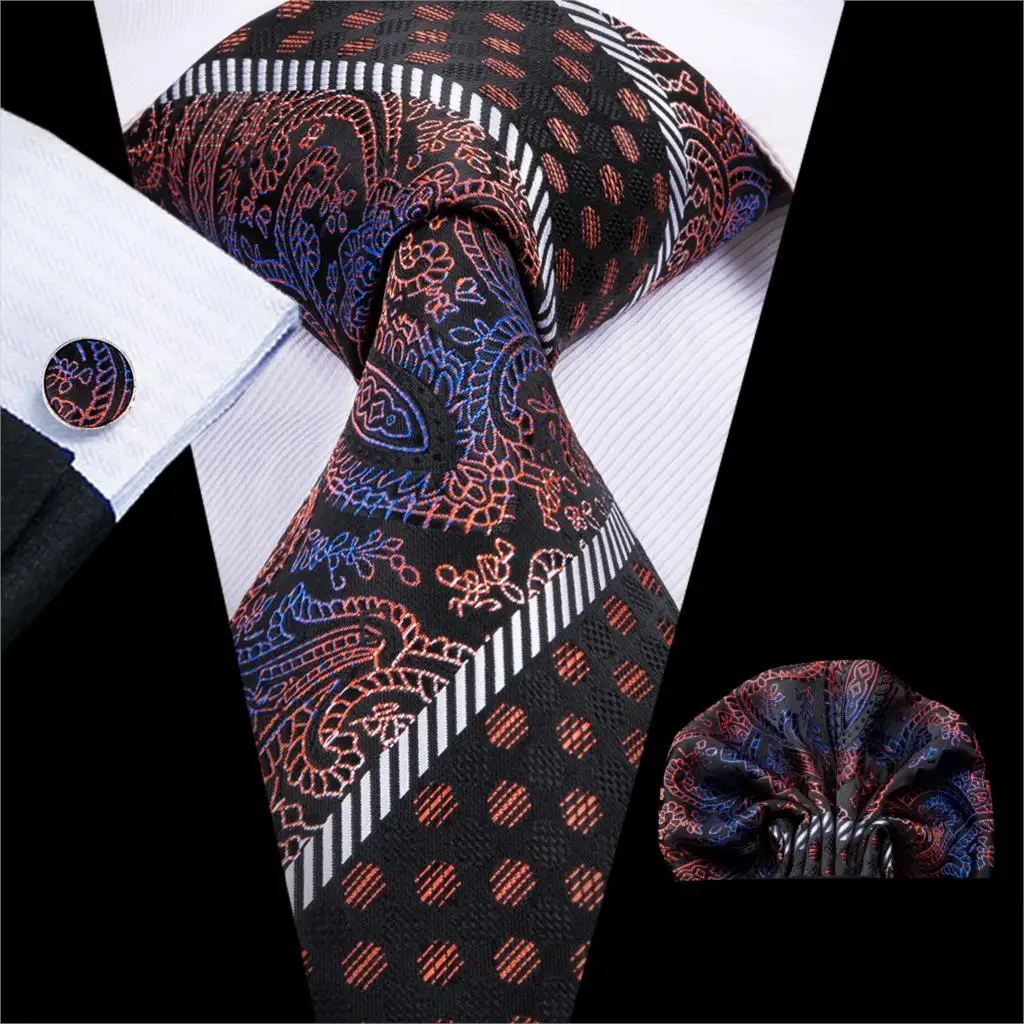 Hi-Tie Мужские галстуки черный галстук в горошек узорчатые Галстуки карманные Квадратные Запонки Набор Свадебная вечеринка деловой галстук для отца C-3006 - Цвет: C-3004