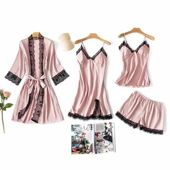 

Sexy Lace Women Robe Suit Satin 4PCS Sleepwear Summer Silky Nightwear Female V-neck Kimono Gown Casual Sleep Set Home Wear