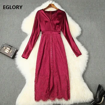 

2020 Spring Fashion Bodycon Dress High Quality Women V-Neck Lace Patchwork Long Sleeve Midi Pencil Dress Wine Red Peacock Blue