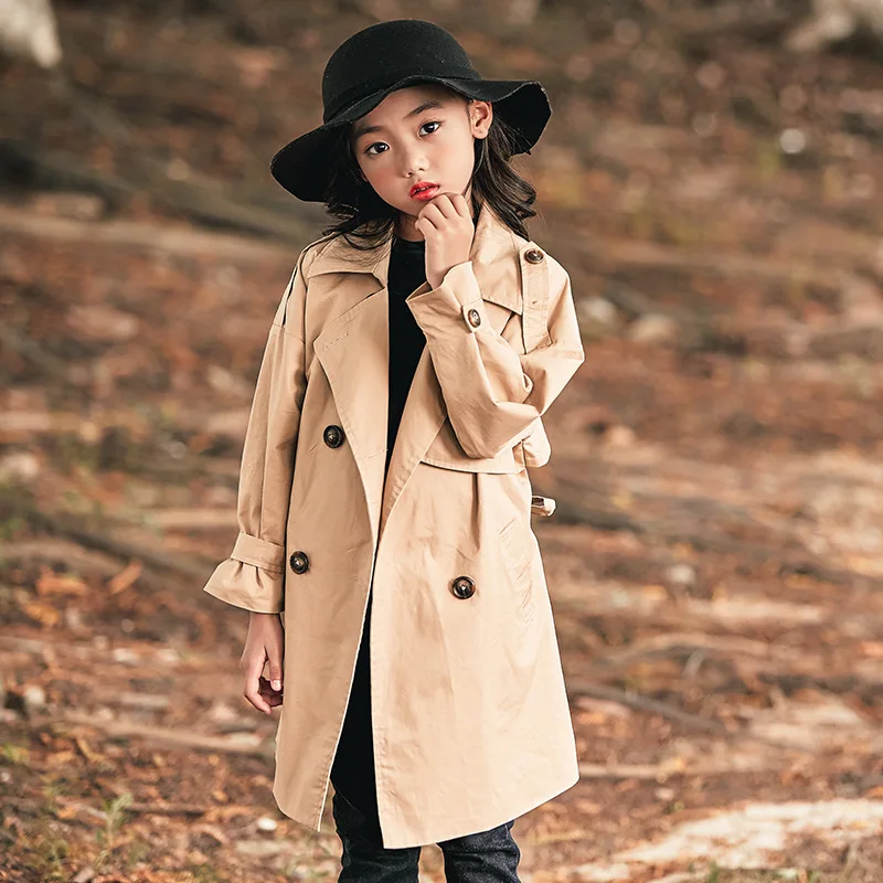 

Girls' Wind Coat Spring And Autumn New Style Korean-style Kids' Overcoat Mid-length Western Style Fashionable Fold-down Collar T