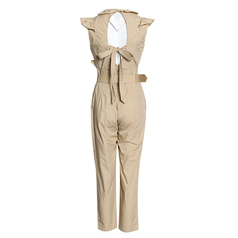 TWOTWINSTYLE Causal Patchwork Ruffles Jumpsuits For Female Lapel Collar Sleeveless High Waist With Sashes Long Jumpsuit Women TWOTWINSTYLE Causal Patchwork Ruffles Jumpsuits For Female Lapel Collar Sleeveless High Waist With Sashes Long Jumpsuit Women