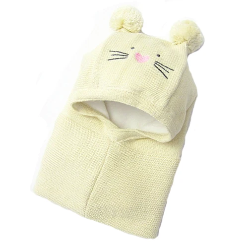Детская зимняя шапка, теплая вязаная детская шапочка для девочек и мальчиков, шапка с помпоном, шарф, теплая флисовая подкладка, милые детские шапки с медвежьими ушками - Цвет: Beige Cat Baby hat