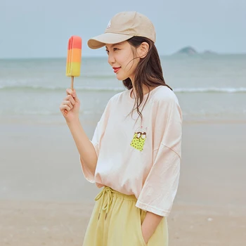 

INMAN 2020 Summer New Arrival Pure Cotton Cute Embroidered Printed Loose Dropped Shoulder Sleeve T-shirt