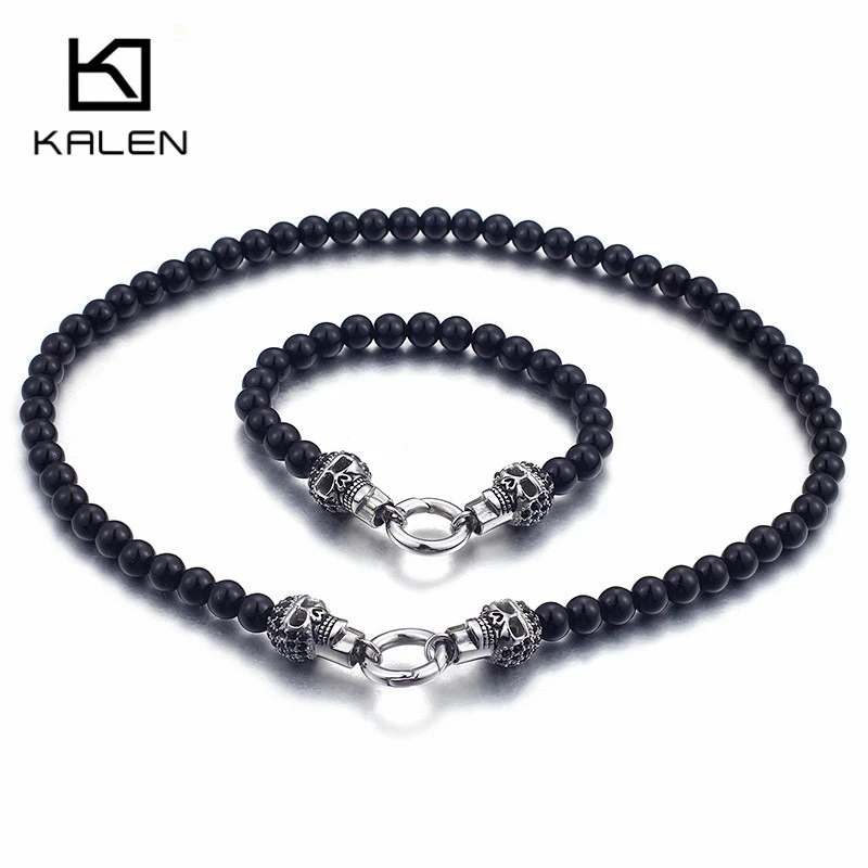 Kalen, черные стразы, нержавеющая сталь, Череп, ювелирный набор для панк, мужской черный браслет из ожерелья и бисера, набор, Европейская мода, ювелирное изделие - Окраска металла: KS83363-BD