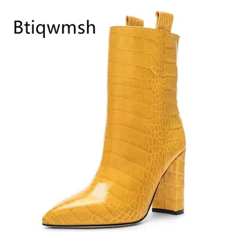 

2019 Crocodile Ankle Boots Women Pointed Toe Yellow Green Black Leather High Heel Boots Ladies Fashion Runway Shoes Woman