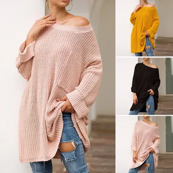

Autumn Women's Sweater Loose Ladies Full Sleeve Sweater Wide-sleeved Solid Color Casual Knitting Sweater Tops K2