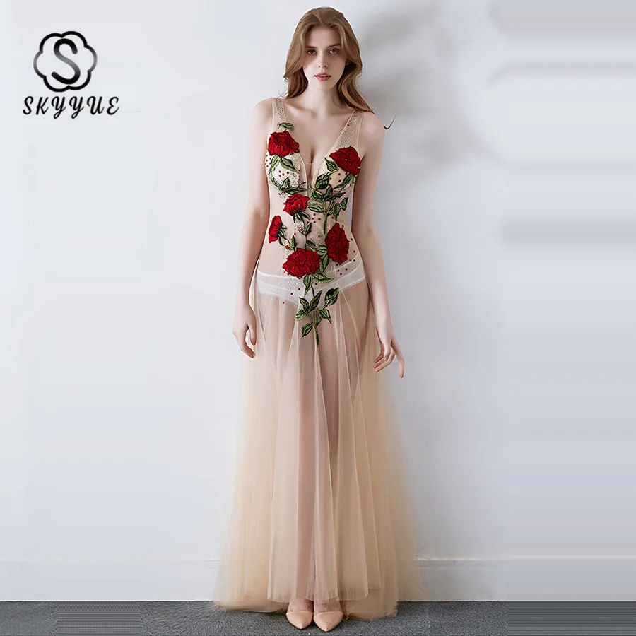

Skyyue Perspective Dress Deep V-neck Sleeveless Robe De Soiree Embroidery Evening Dresses 2019 Backless Long Evening Gowns H078