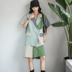 Blazers Women Short Sleeve Notched Patchwork Fashionable Leisure All match Summer Daily Blazer Elegant Korean Style New Clothing