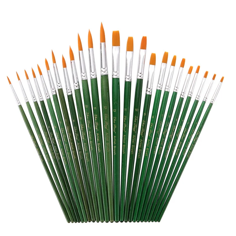 

New Style! 12 Transparent Green Pole Paintbrush Set Gold Flat Front Nylon Wool Watercolor Pens Set Fine Art