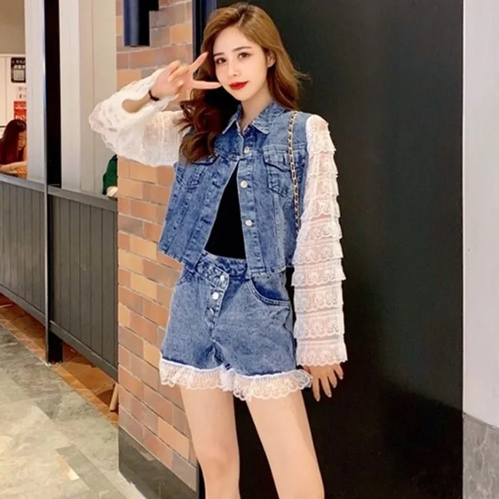 

European Goods Early Autumn Set 2019 New Style Korean-style Elegant Lace Jeans Coat High-waisted Wide-Leg Shorts Children