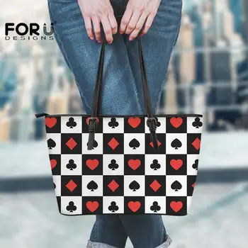 

FORUDESIGNS Vintage Leather Totebags Poker Checkered Seamless Red Heart Spades Pattern Large Capacity Shoulder Bags For Women