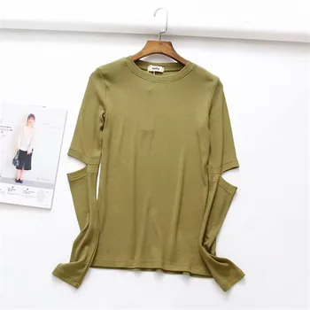 

Women's Hollow Out Solid T Shirts Long Sleeve O-Neck Cotton Tshirt 2020 Spring New Femme Slim Basic Tops Tees MERRY PRETTY
